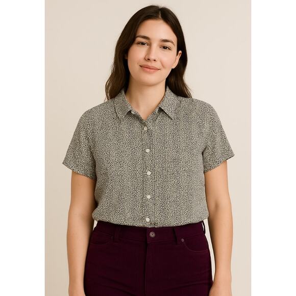 Christian Siriano Linen Animal Mini Print Button Up Short Sleeve Linen Top M - Picture 3 of 7